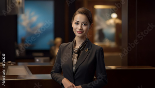 A friendly woman concierge or receptionist standing and smiling in front of a desk at a five star luxury hotel in hotel uniform. Knowledgeable and professional assistance. photo