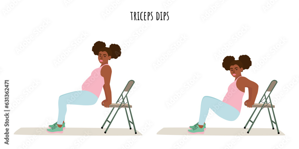 Young pregnant woman doing triceps dips exercise
