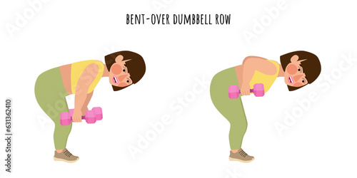 Undersized woman doing bent-over dumbbell row