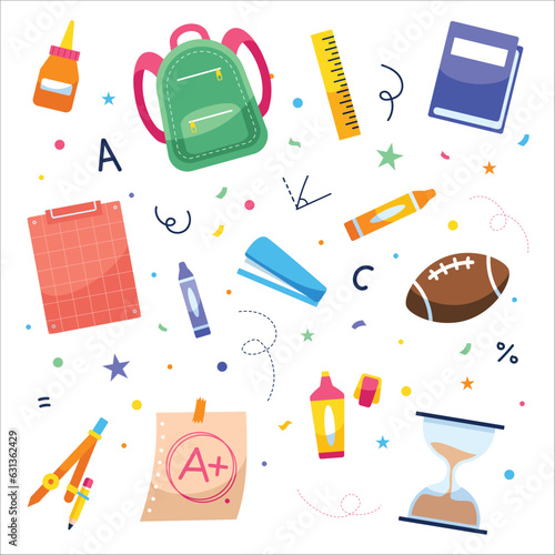 School supplies clip art hand drawn flat vector
