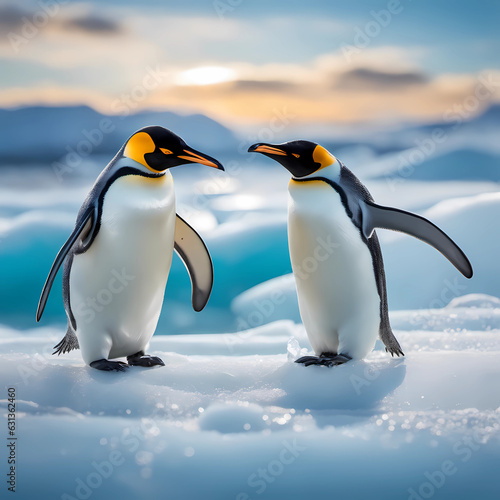 penguins walking on an ice field on the seashore