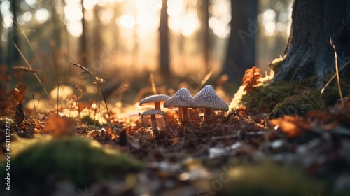 A mushroom in the foreground with forest background during the golden hour. Generative AI