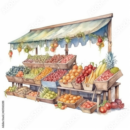 watercolor stalls selling a variety of summer fruits and vegetables