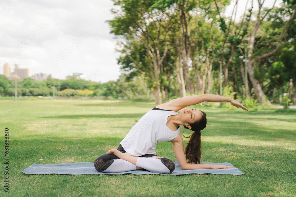 young woman have a beautiful body, Playing yoga in an elegant posture, in the green park, a concept to people's recreation and health care concept. blurred background young woman have a beautiful body, Playing yoga in an elegant posture, in the green park, a concept to people's recreation and health care concept. blurred background