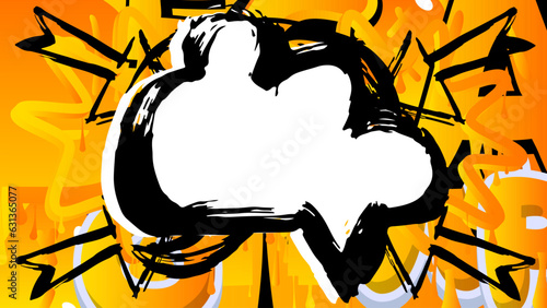 White Graffiti speech bubble on yellow and black background. Abstract modern Messaging sign street art decoration, Discussion icon performed in urban painting style.