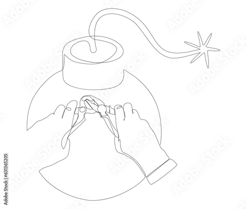 One continuous line of Bomb with Pliers. Thin Line Illustration vector concept. Contour Drawing Creative ideas.