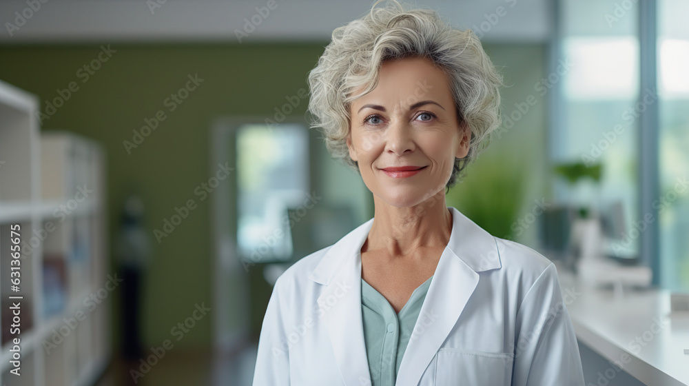 Portrait cute smiling senior woman doctor wearing white lab coat standing in hospital and looking at camera, copy space. Healthcare and medicine banner Portrait cute smiling senior woman doctor wearing white lab coat standing in hospital and looking at camera, copy space. Healthcare and medicine banner