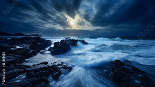 The surreal beauty of a seascape during night, the motion of waves crashing against the shore
