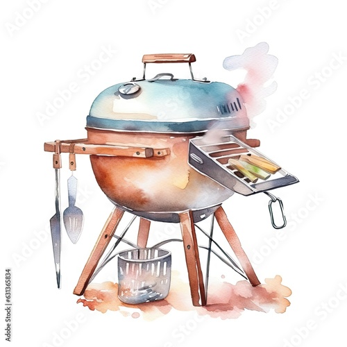 watercolor of a barbecue grill with a spatula and tongs on it