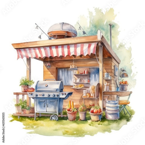 watercolor of a backyard barbecue with a hot dog stand and a grill