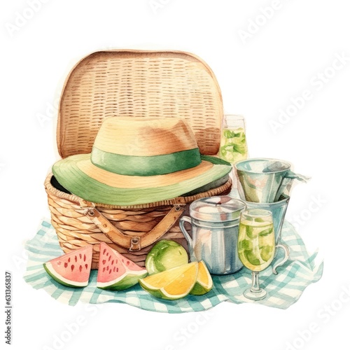 watercolor of a basket of food and drinks with a sunhat and sunglasses