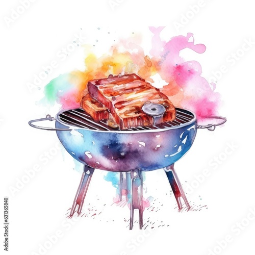 watercolor of a barbecue grill with flames shooting out of it