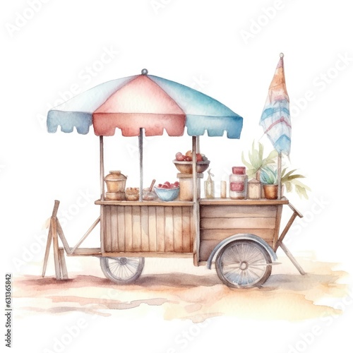 watercolor of a beach scene with an ice cream cart