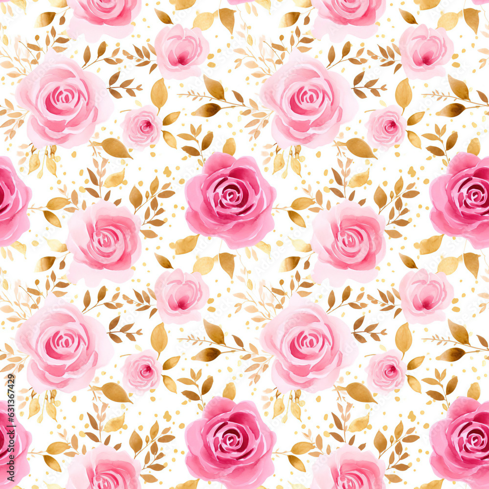 Romantic Rose Pattern: Delicate Pink Rose and Gold Watercolor Background. Generative AI. 