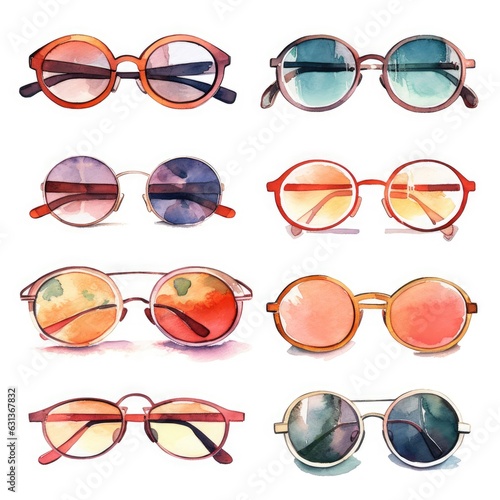 watercolor of different types of sunglasses in various colors and styles