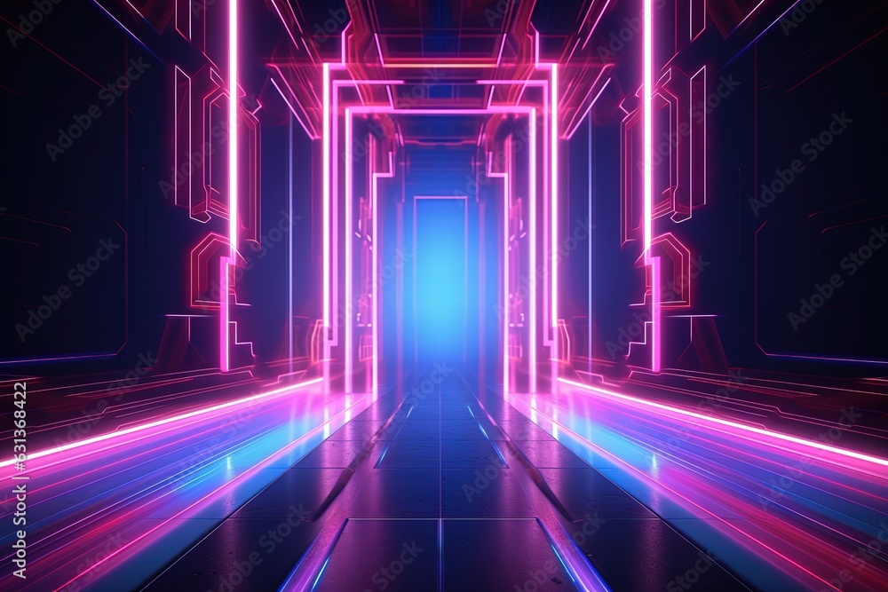 Fototapeta premium abstract futuristic geometric tunnel portal with pink blue glowing neon moving high speed wave lines and bokeh lights. Data transfer concept Fantastic wallpaper