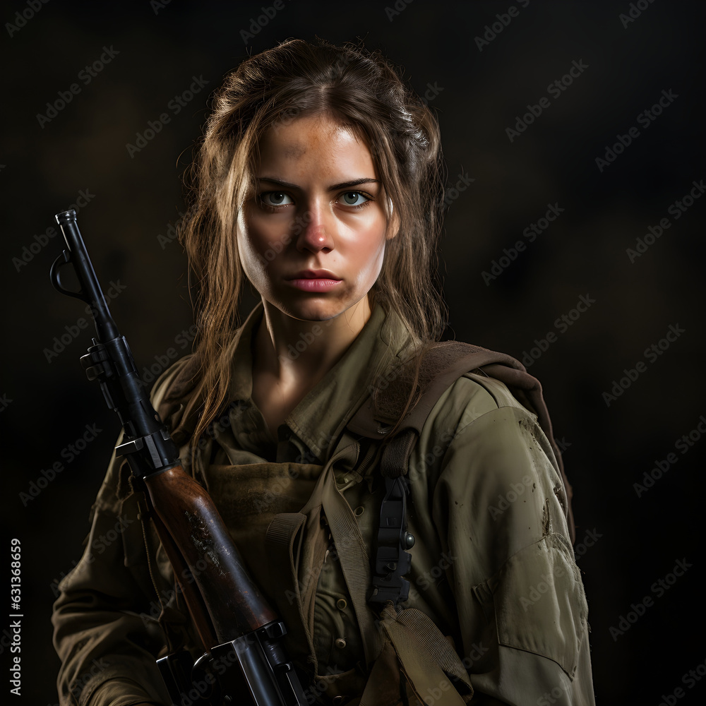 Studio Portrait of young female American soldier In military uniform Studio Portrait of young female American soldier In military uniform