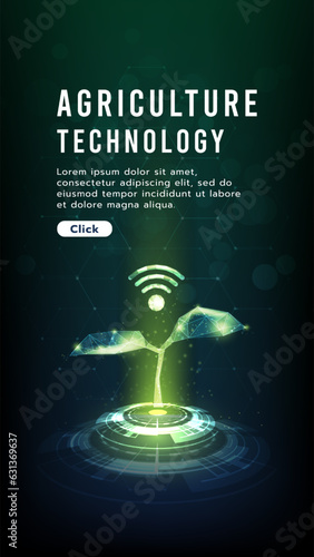 A sapling is growing on the ground.Connection to wifi.low polygon design of wifi symbol.Hi-tech agriculture technology concept glowing green tones on dark background.Vector illustration.