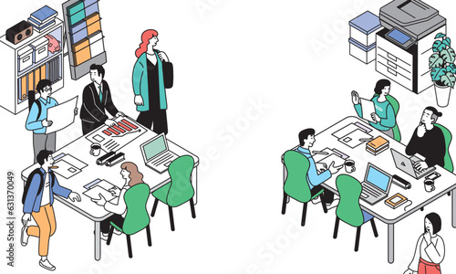 アイソメトリック　オフィスワークをする人々のシンプルなイラスト
