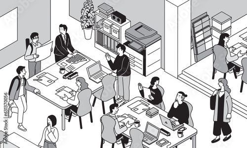 アイソメトリック　オフィスワークをする人々のシンプルなイラスト
