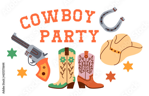 Horizontal banner template for cowboy party invitation decorated by boots, horseshoe, gun, hat.