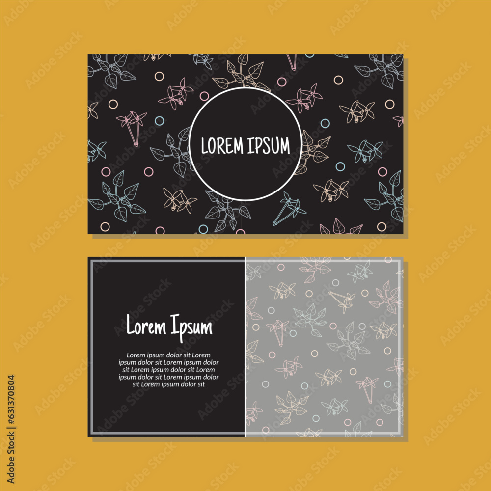 Business card template, flowers and leaves seamless pattern vector design. Double-sided creative business card template. Landscape orientation. Vector illustration. Business card template, flowers and leaves seamless pattern vector design. Double-sided creative business card template. Landscape orientation. Vector illustration.