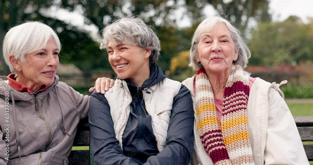 Senior, women and friends laugh in park with face and retirement smile in a garden. Nature, portrait and hug with elderly female people on vacation on a bench, feeling happy from bonding and freedom Senior, women and friends laugh in park with face and retirement smile in a garden. Nature, portrait and hug with elderly female people on vacation on a bench, feeling happy from bonding and freedom