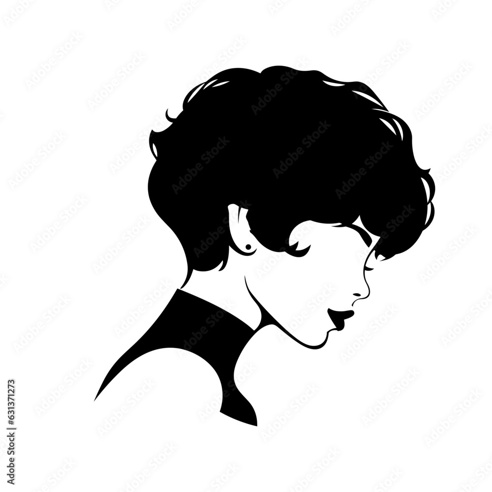 Pixie Cut Hair Silhouettes Vector, Girl's hairstyles Silhouettes, women's hair silhouette, Hair black silhouettes illustration	