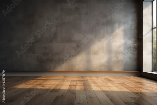 Empty grey wall and wooden floor with fascinating glare from the window