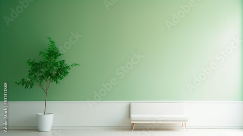 緑と白を基調としたシンプルなインテリア、ソファ、日差し、植物 © Ukiuki-tsuguri