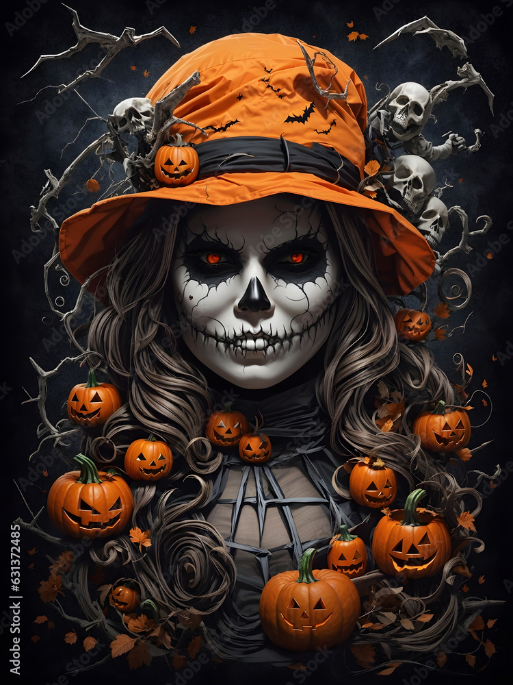 halloween poster with illustration of a spooky makeup witch and a glowing pumpkin
