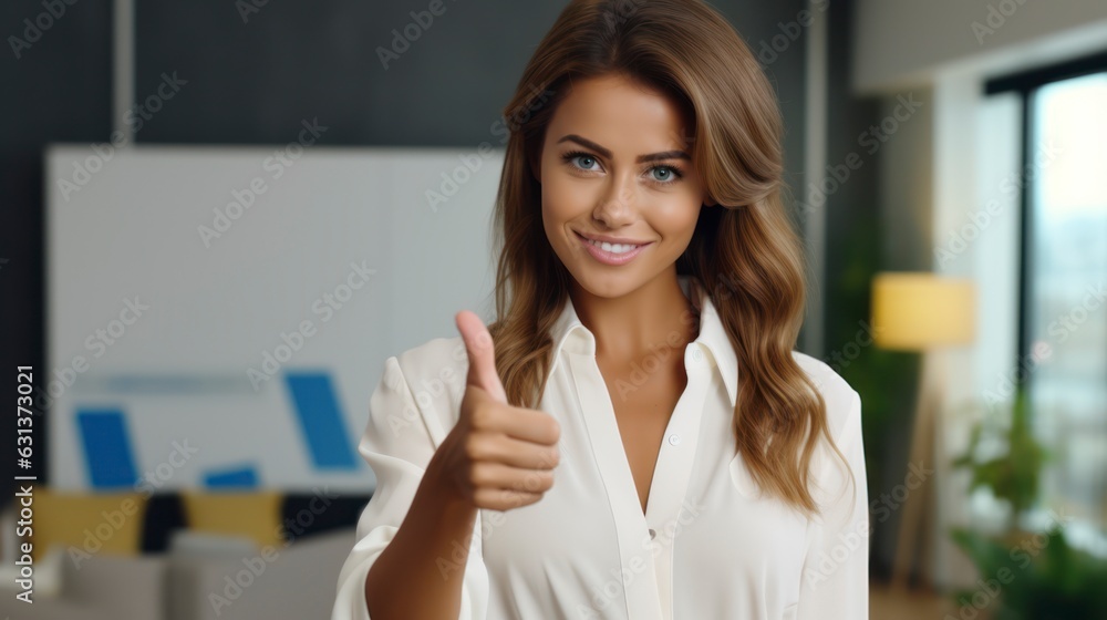 young attractive woman checking out promo offer, pointing thumb left and staring at banner young attractive woman checking out promo offer, pointing thumb left and staring at banner