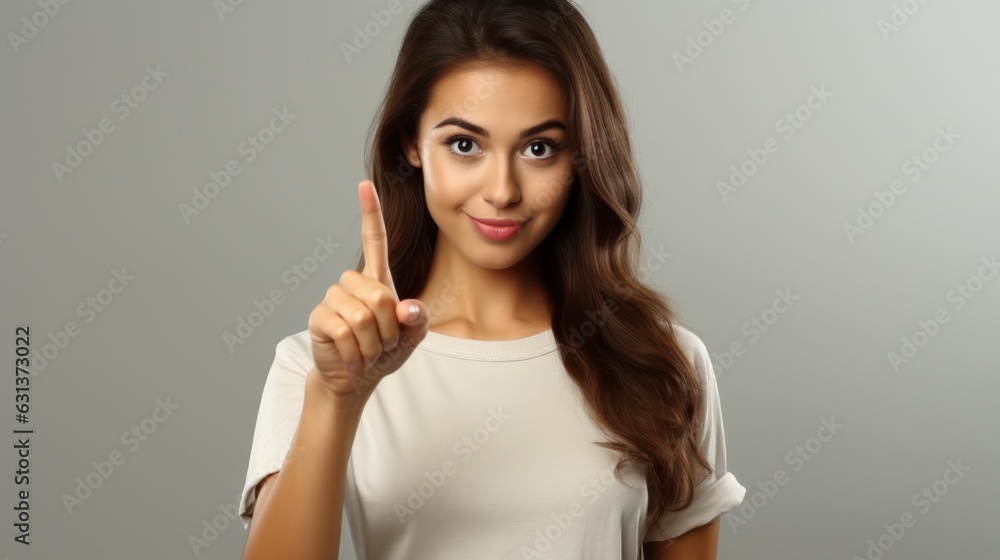 young attractive woman checking out promo offer, pointing thumb left and staring at banner young attractive woman checking out promo offer, pointing thumb left and staring at banner