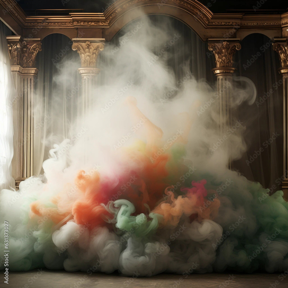 A Soft Colorful Cloud of Smoke Within a Room With Golden Pillars in the Background