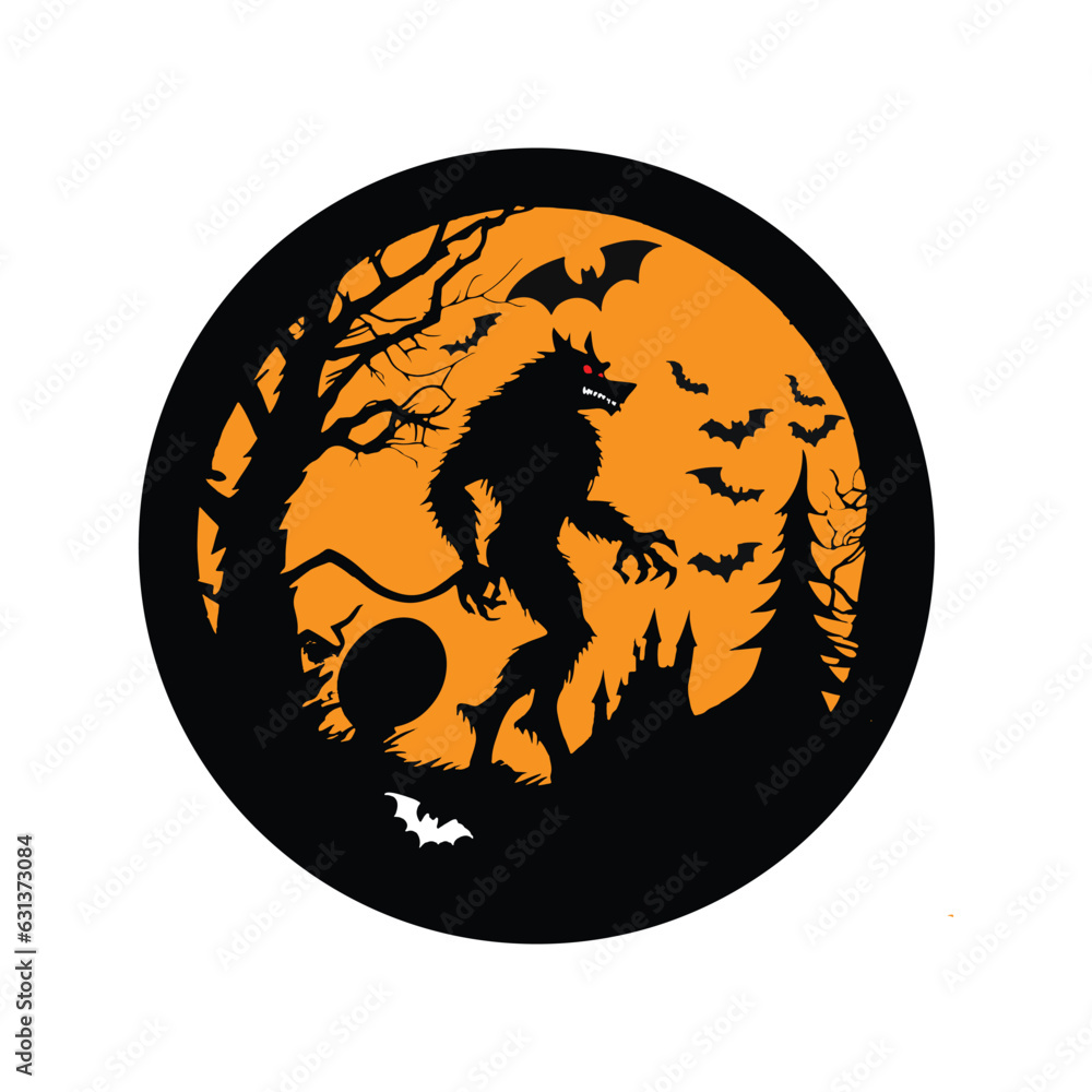 wolf halloween on the forest castle tree vector design sticker
