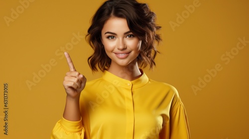 young attractive woman checking out promo offer  pointing thumb left and staring at banner