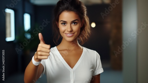 young attractive woman checking out promo offer, pointing thumb left and staring at banner