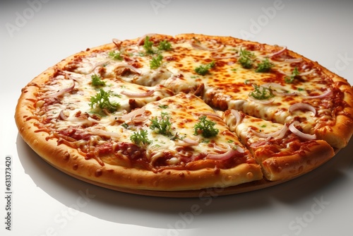 Pizza with mozzarella, tomato, and onion on white background