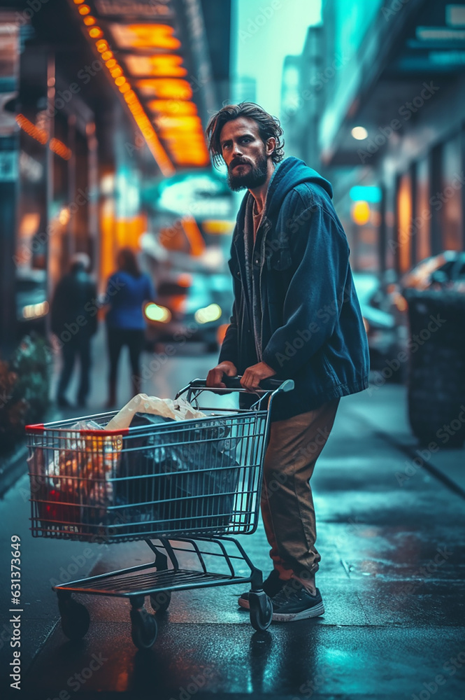 Homeless Man Pushing Cart On Street