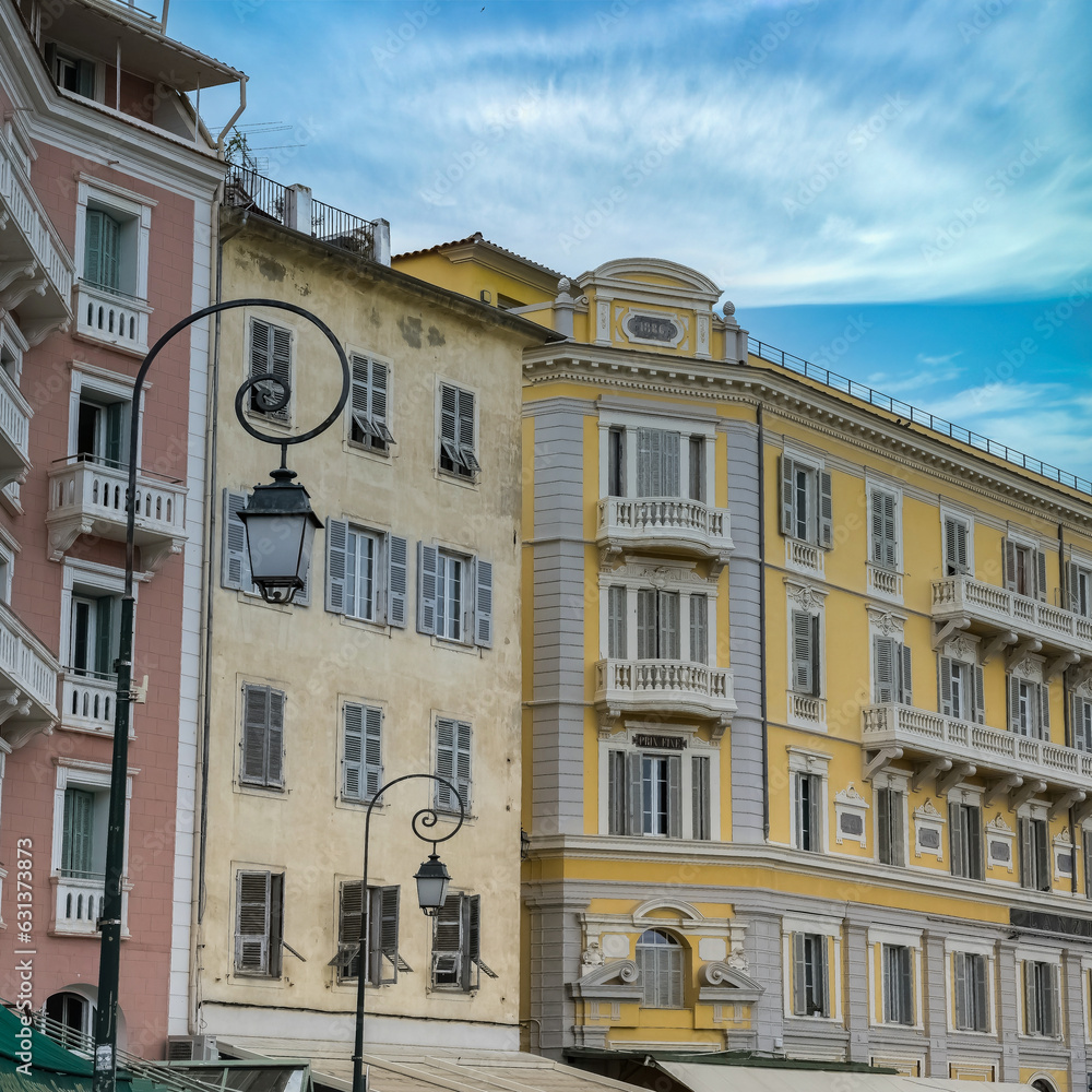 Corse, ancient colorful houses in Ajaccio, in the historic center
