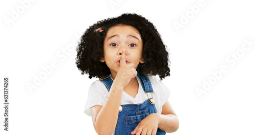 Foto Little girl, portrait and fingers on lips in secret, gossip or quiet isolated on a transparent PNG background