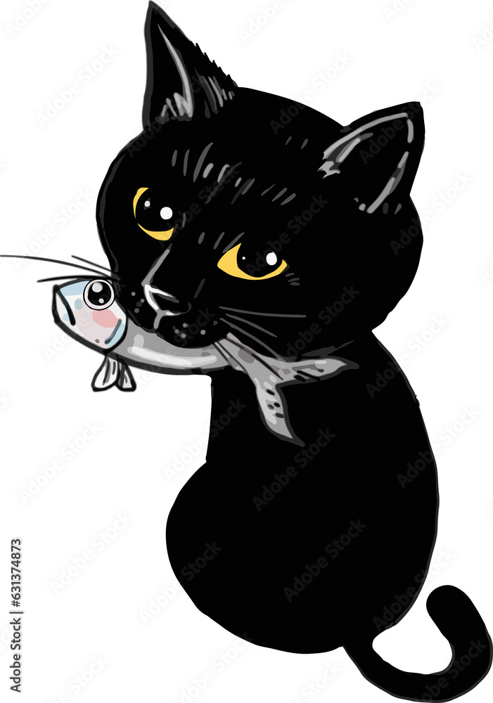 Black kitten eating fish on white background