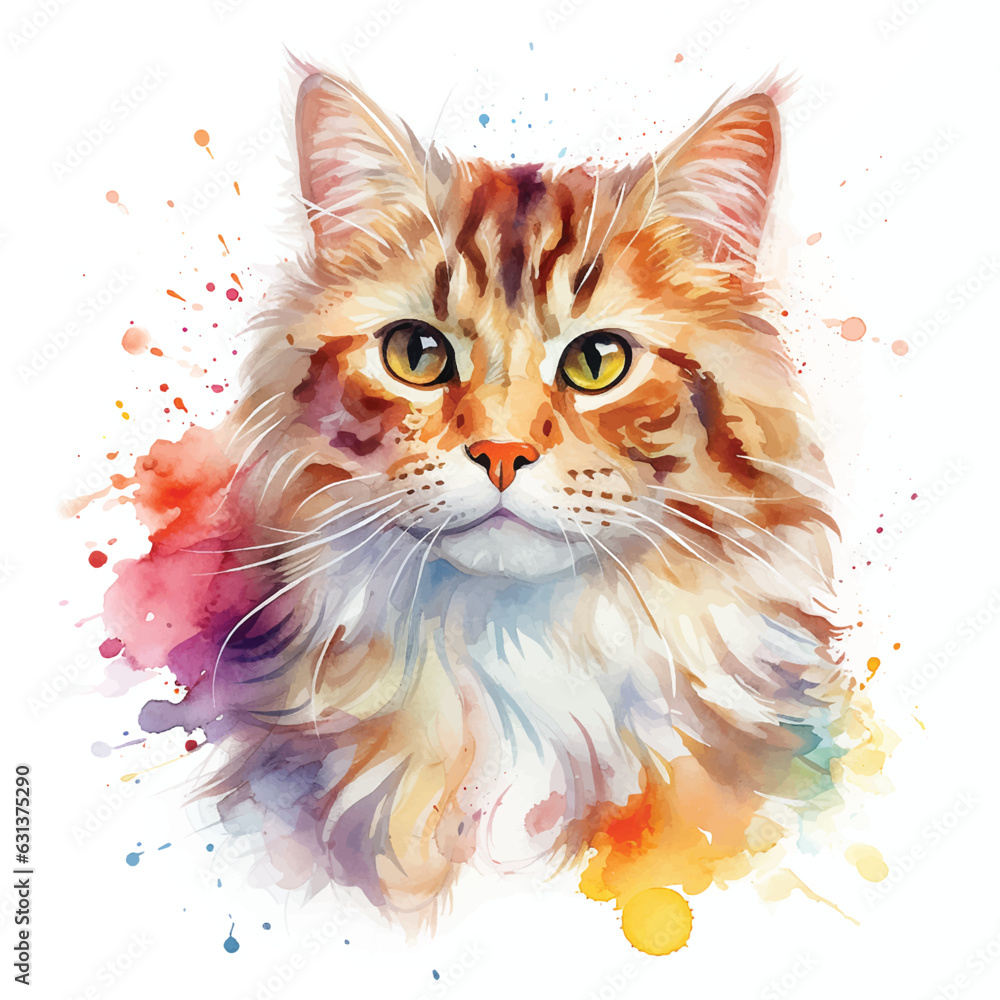 Dreamy Watercolor Cat Art with White Background
