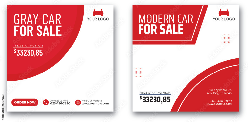 Set of editable square banners template. Car rental social media post template with red background and photo collage. Usable for social media post , banner and internet ads.