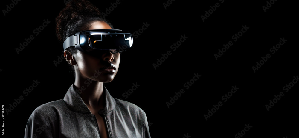AI artificial intelligence woman dark - skinned wearing VR glasses virtual global world internet connection and a new experience in the future metaverse. Metaverse technology concept: innovation of AI artificial intelligence woman dark - skinned wearing VR glasses virtual global world internet connection and a new experience in the future metaverse. Metaverse technology concept: innovation of