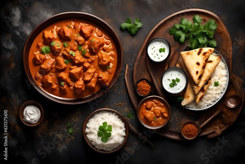 Traditional Indian dish Chicken tikka masala with spicy curry meat in bowl, basmati rice, bread naan, yoghurt raita sauce on rustic dark background, top view, close up. Indian style dinner from above 