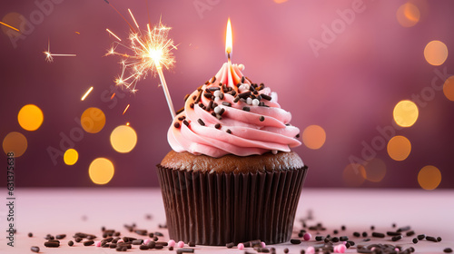Chocolate cupcake with fire works in light pink background. Generative Ai © Mukhlesur