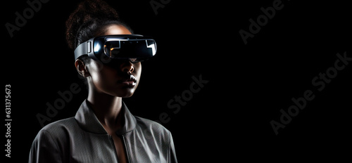 AI artificial intelligence woman dark - skinned wearing VR glasses virtual global world internet connection and a new experience in the future metaverse. Metaverse technology concept: innovation of © AMK 