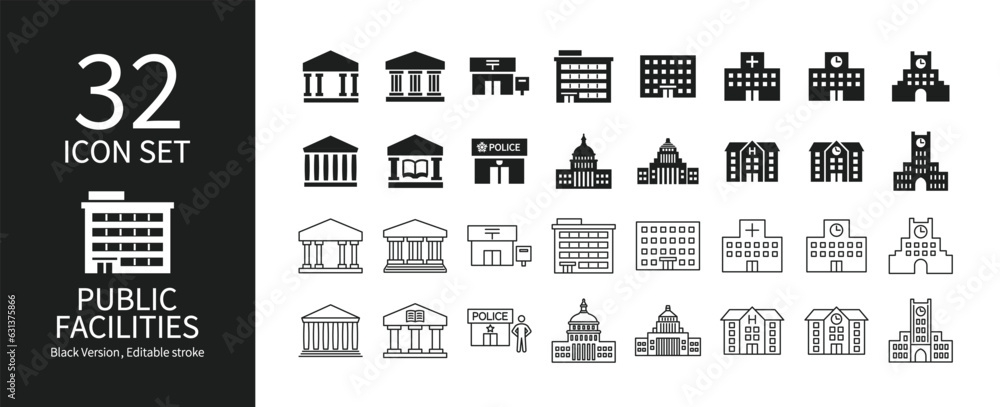 Various public facility icon sets