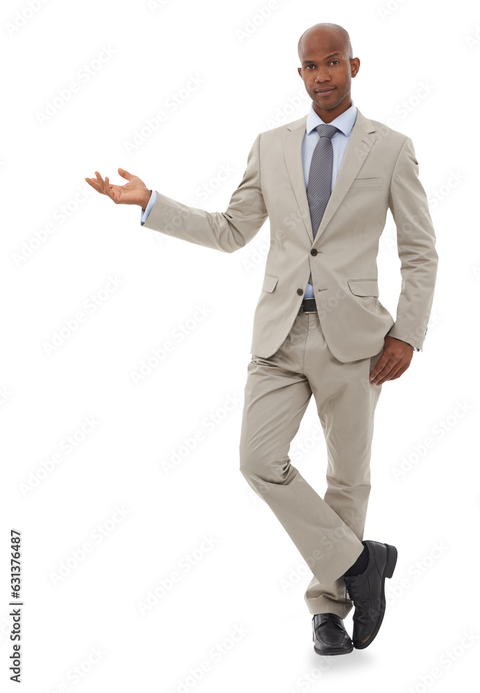 Businessman, portrait or hand palm on investment deal, financial offer or product presentation. Full body, black man or corporate worker marketing, advertising or branding isolated on png background